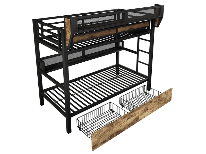  Lit superposé enfant 90x200 cm noir métal-mdf, 2 tiroirs, étagère et éclairage led réglable intégré  - Conforama A
