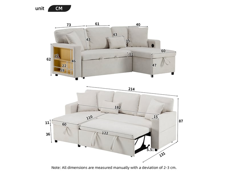  Canapé d’angle convertible 3 places réversible 214x131 cm avec couchage 182x110 cm coffre étagère usb flanelle beige OPULERANE TRADING LTD - Conforama C