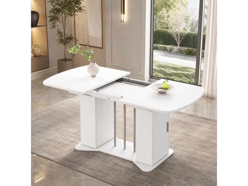 Table de salle à manger extensible pour 4 à 6 personnes avec rangements intégrés en mdf blanc, pieds argentés - Conforama B