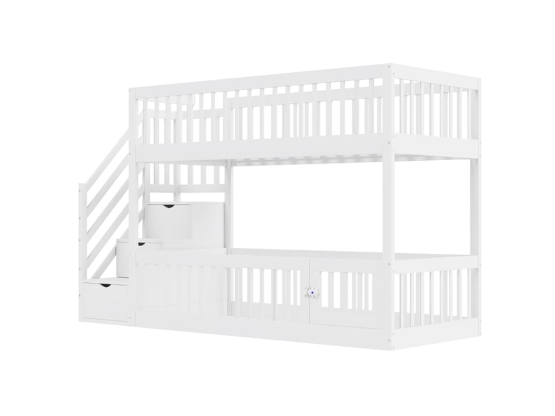  Lit superposé enfant 90x200 cm - échelle avec tiroirs, barrières de sécurité, rangement, bois blanc  - Conforama W