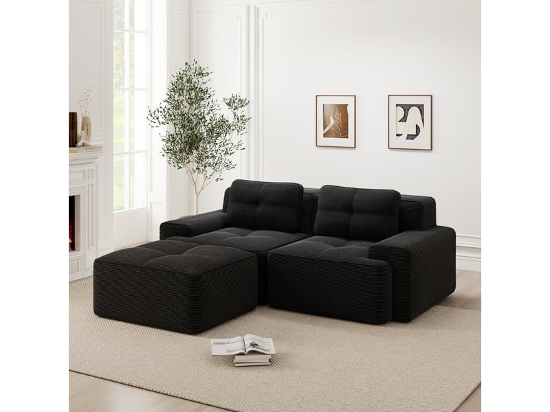 Canapé d'angle, canapé convertible – 2 places, sans cadre, en velours tricoté, assise profonde, avec pouf, noir  - Conforama C