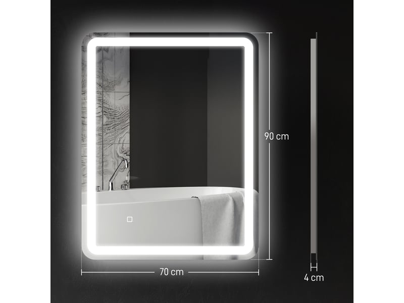  Miroir de salle de bain avec éclairage led 70 x 90 cm, 3 couleurs de lumière, luminosité réglable, fonction antibuée, fonction mémoire, ip44  - Conforama E