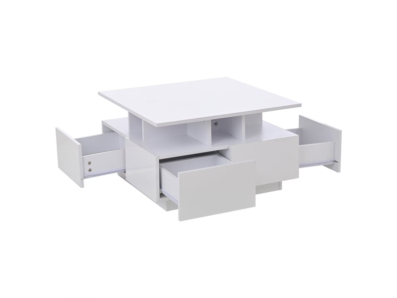  Table basse carrée blanche 70x70 cm avec led, table de salon avec 4 tiroirs et rangement 3 niveaux, finition brillante  - Conforama D