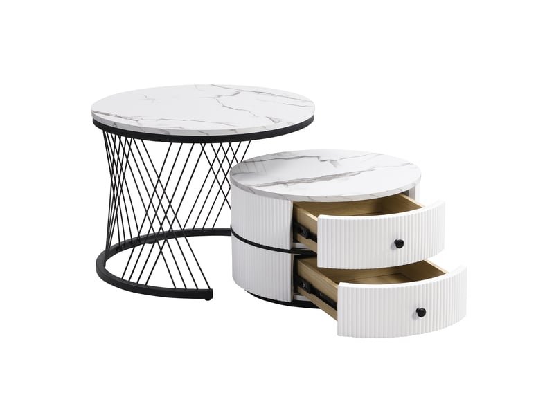  Élégant ensemble de 2 tables basses gigognes blanches, 60 x 60 x 46 cm et 50 x 50 x 31 cm, tables rondes aspect marbre brillant, 2 tiroirs, capacité de charge jusqu'à 30 kg, combinaison de tables basses gigognes  - Conforama D