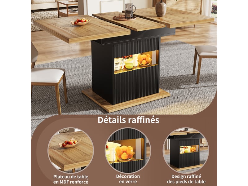  Table de salle à manger extensible avec rangement led en mdf et métal 110–140×80×76 cm noir  - Conforama C