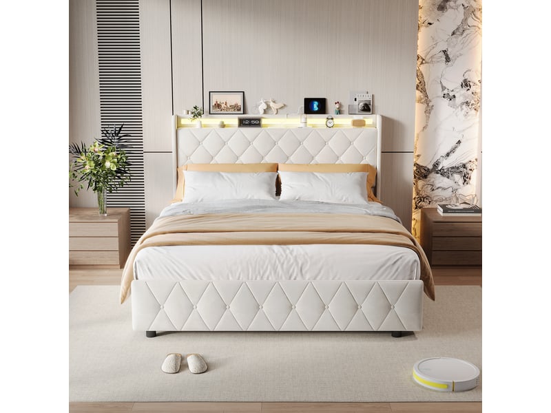  Lit double 140 x 200 cm beige – velours moelleux, tête de lit avec étagère &amp; veilleuse led, ports usbtype-c &amp; 4 tiroirs  - Conforama E