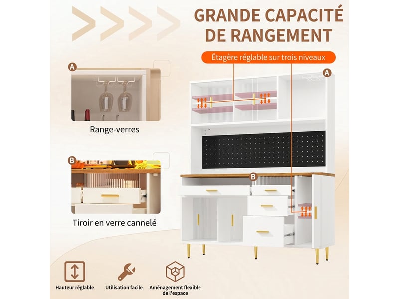 Armoire haute de salon et meuble de rangement cuisine avec led blanc - Conforama B