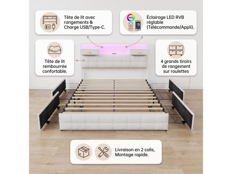  Lit 140x200 avec 4 tiroirs, lit adulte avec led rgb et ports de charge, lit double, tête de lit avec rangement intégré, tissu velours, moderne, beige  - Conforama C