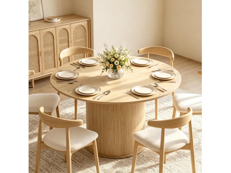 Table de salle à manger ronde pour 4 à 6 personnes avec pied central cannelé, décor bois naturel, ø 120 × 75 cm - Conforama D