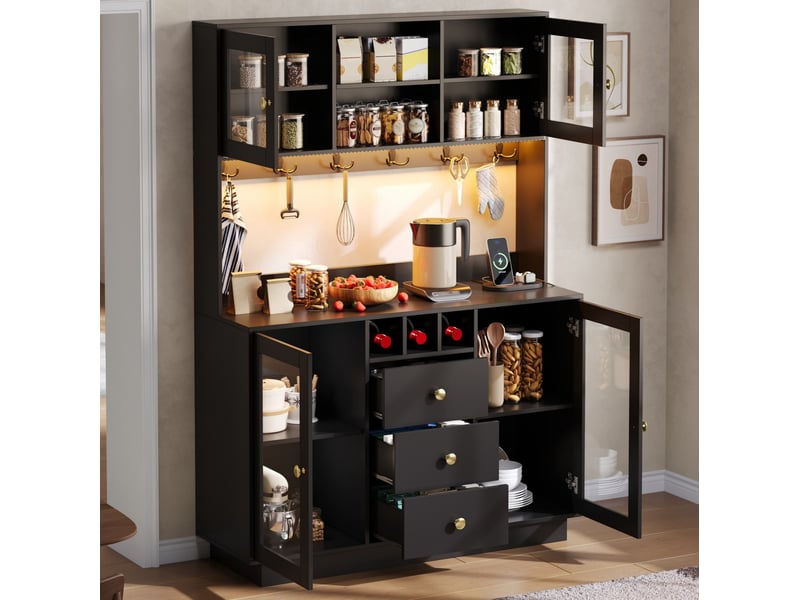 Buffet de cuisine haut avec 4 portes, 3 tiroirs, led rgb et prises pour cuisine en mdf noir 120 × 40 × 170 cm  - Conforama B