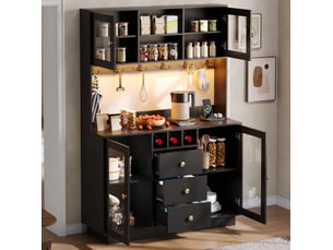 Buffet de cuisine haut avec 4 portes, 3 tiroirs, led rgb et prises pour cuisine en mdf noir 120 × 40 × 170 cm