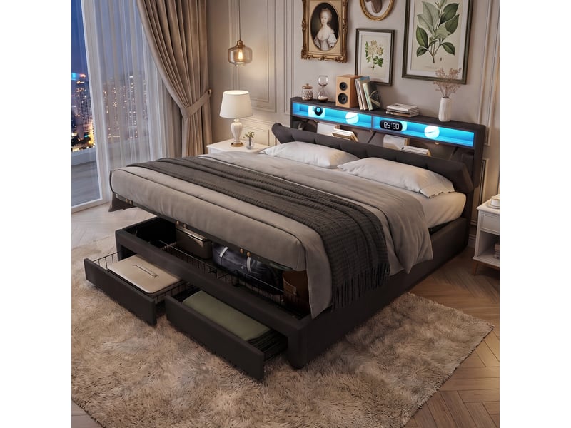  Lit rembourré 180x200 cm avec coffre de rangement hydraulique, tiroirs et compartiments de rangement, revêtement en lin gris, sans matelas  - Conforama R