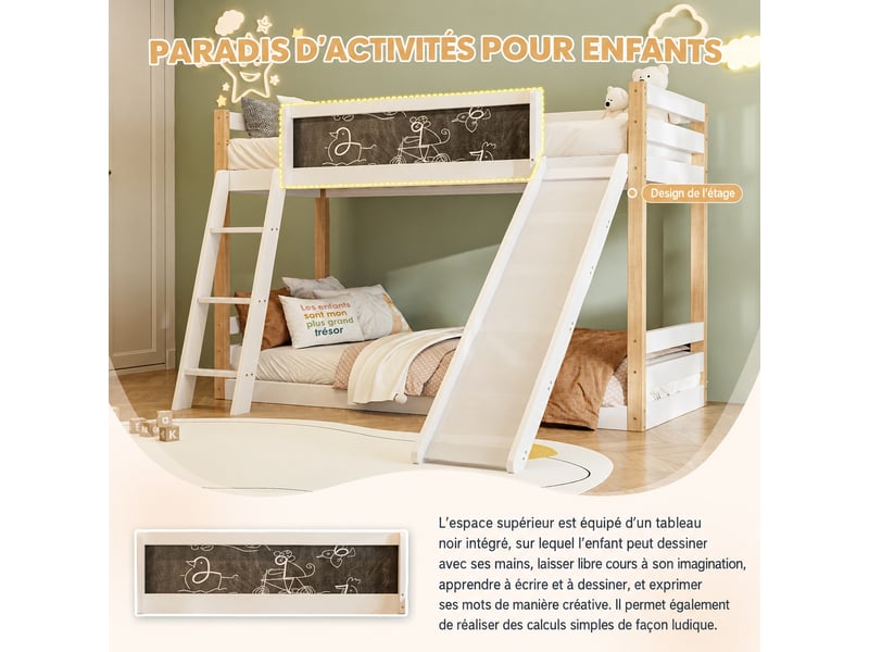  Lit superposé enfant avec toboggan et escalier, bois, barrières, 90 x 200 cm  - Conforama R