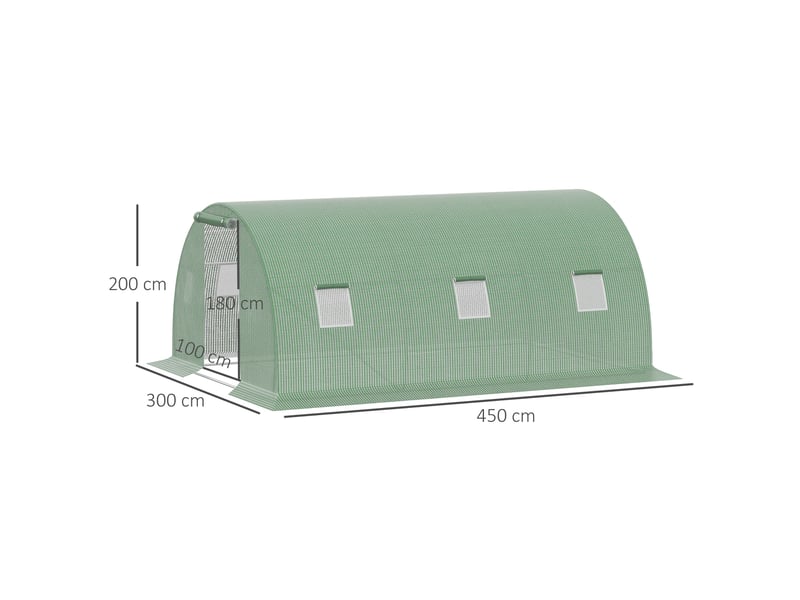 Serre tunnel de 4,5 x 3 m, avec 6 fenêtres, protection antigel, structure tubulaire en acier, vert foncé - Conforama E