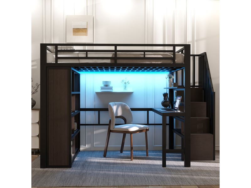  Lit mezzanine avec bureau et rangements, structure en métal et mdf, couchage 140 x 200 cm, noir, éclairage led  - Conforama D