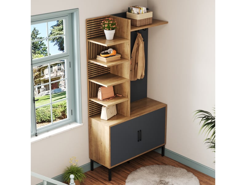  Meuble d'entrée, 4 étagères, crochets et tablette réglable en panneaux de particules 100×40×190,5 cm naturel et noir  - Conforama C