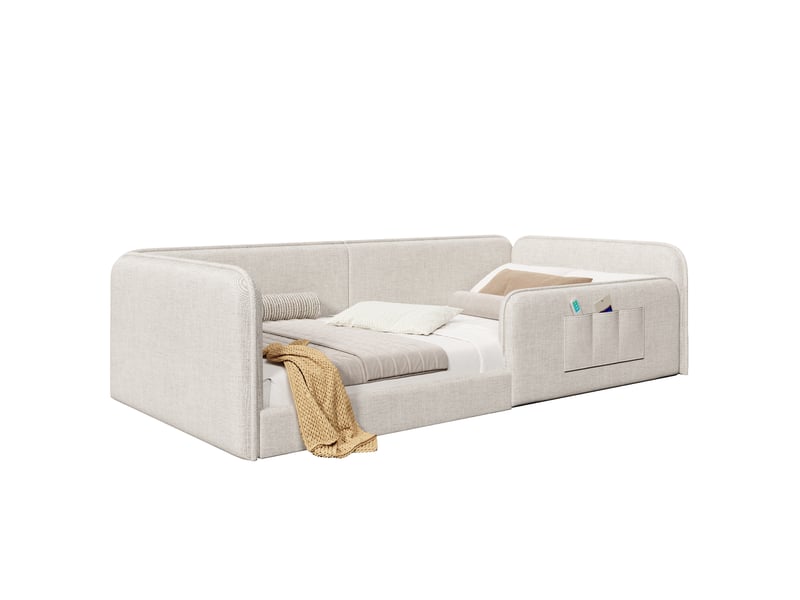  Lit plateforme 90x200 en lin beige rembourré avec poches de rangement et cadre sécurisé  - Conforama W