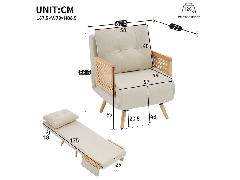  Fauteuil convertible 3 en 1 avec dossier réglable 5 positions et coussin, accoudoirs en rotin, en lin beige  - Conforama D