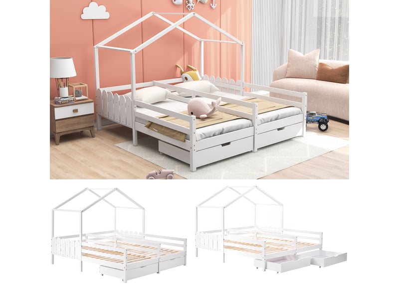  Lit cabane enfant à deux couchages 200×90 cm avec 2 tiroirs sur roulettes et barrières, sans matelas, blanc  - Conforama E