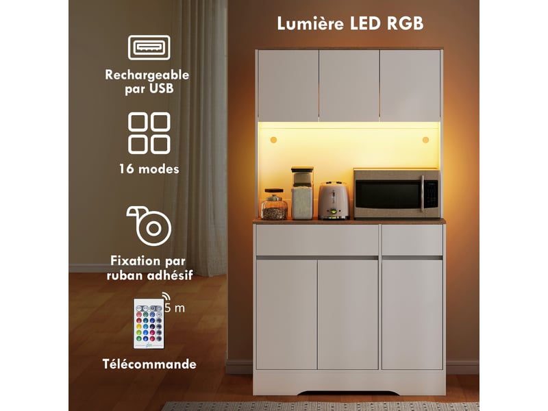 Buffet cuisine meuble cuisine rangement haut avec lumière led rgb, plan de travail, 2 tiroirs, 6 portes, blanc - Conforama A