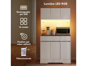 Buffet cuisine meuble cuisine rangement haut avec lumière led rgb, plan de travail, 2 tiroirs, 6 portes, blanc