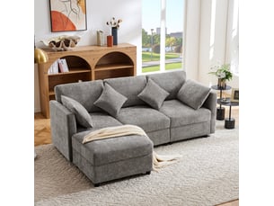 Canapé d'angle en l convertible en 3 places avec repose-pieds, 4 coussins et accoudoirs réglables, en tissu chenille confortable, pour salon, bureau et appartement, gris. Avec vidéo.
