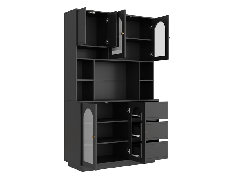  Buffet de cuisine haut noir en mdf 106x30x175 cm, 6 portes, 3 tiroirs, portes acryliques cintrées et led  - Conforama D