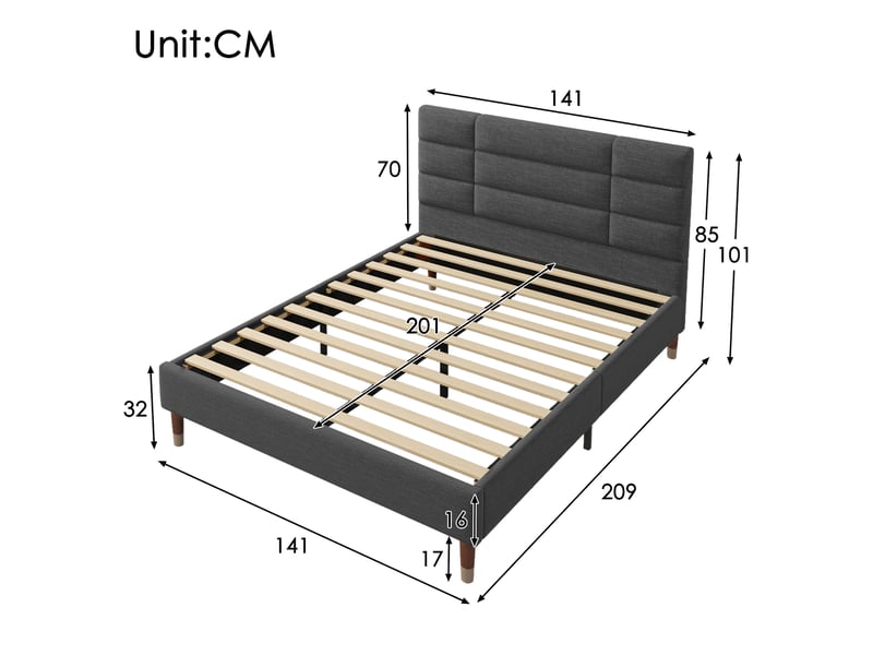  Lit double 140x200cm avec sommier à lattes, cadre de lit rembourré avec tête de lit, en lin gris foncé, pour adulte et adolescents  - Conforama E