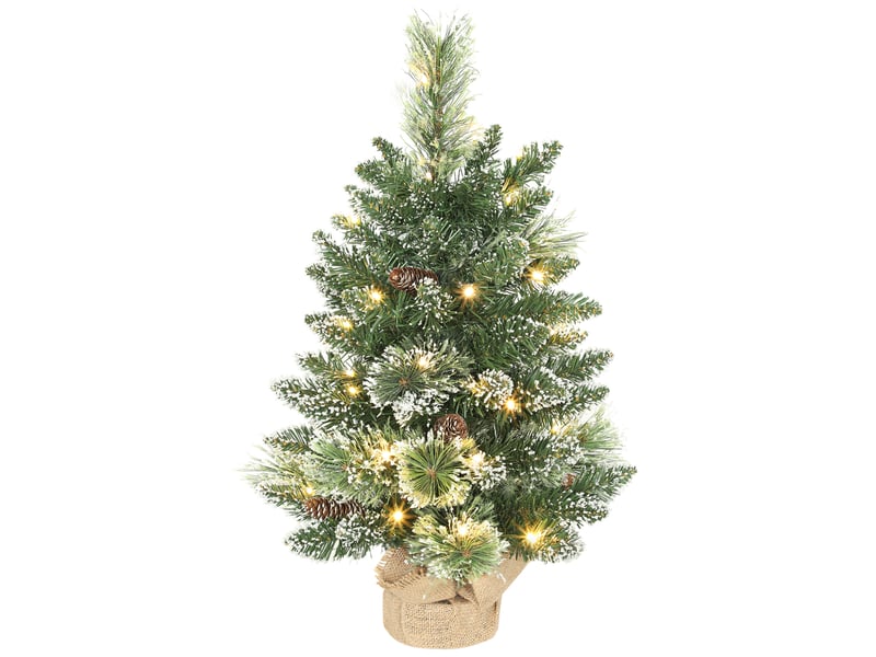  Sapin de noël artificiel 60 cm, mini arbre de noël de table floqué avec 35 led, fonctionne à piles, pommes de pin, vert  - Conforama B