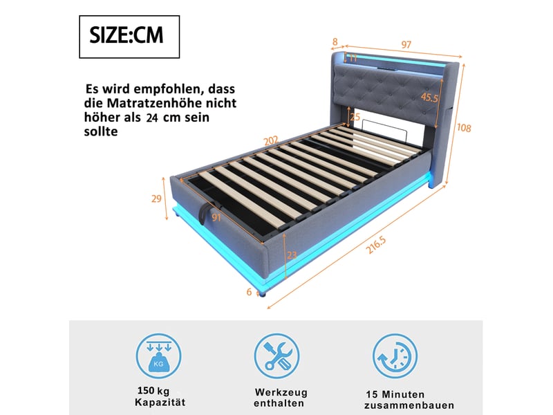Lit enfant 90x200 cm en tissu gris, led multicolore, usb, tête de lit rabattable et coffre hydraulique - Conforama C