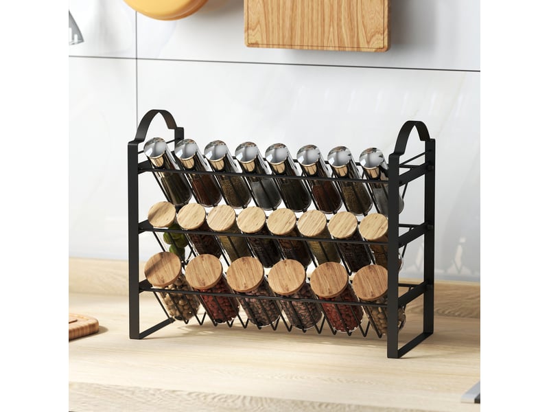 Étagère à épices à trois niveaux pour la cuisine, rangement gain de place avec étagères métalliques inclinées, noire  - Conforama D