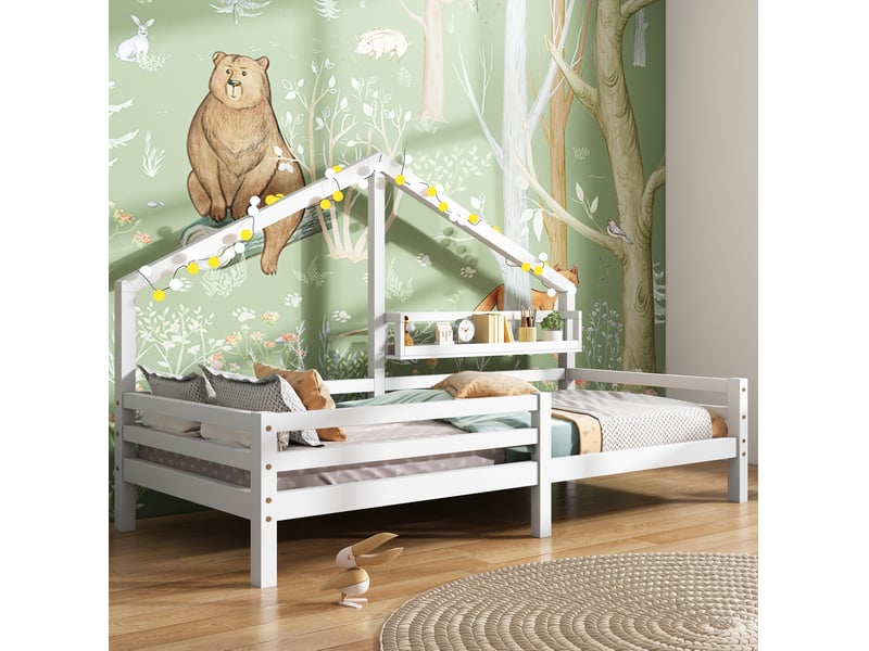 Lit cabane enfant 90x200 cm avec étagère et barrières en pin blanc - Conforama B