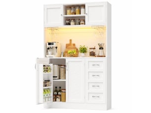 Buffet de cuisine avec led intégrée, 4 portes, 2 grands tiroirs et porte-boissons, en mdf blanc, 120 × 40 × 188 cm