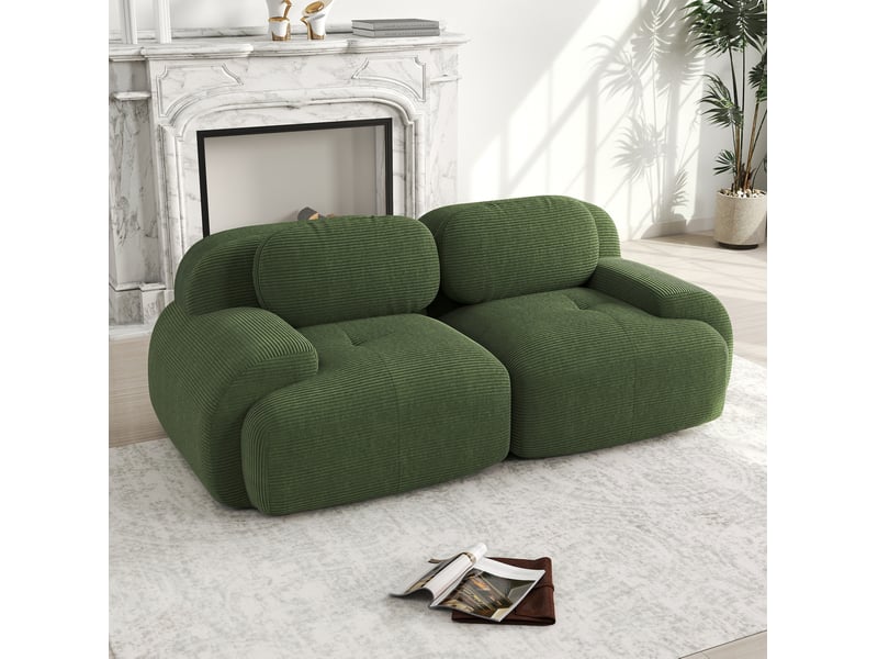  Canapé d’angle modulaire 208x103x75 cm — assise souple, lignes courbes, sans montage, tissu côtelé vert  - Conforama B