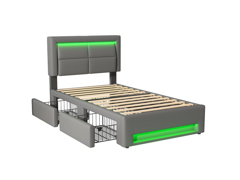  Lit enfant 90x200cm avec 4 tiroirs, ports usb de chargement, lumières led, design moderne, pu, gris, sans matelas  - Conforama E