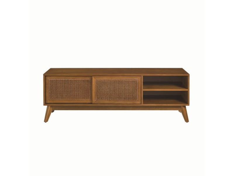  Meuble tv rotin mid-century 59 pouces pour tv 65 pouces - pieds bois massif, portes rotin, finition noyer clair  - Conforama A