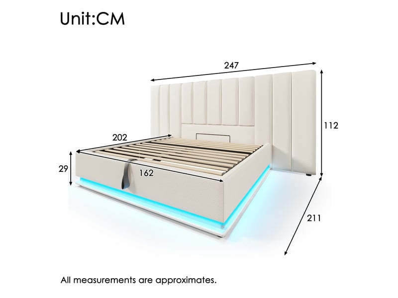 Lit coffre adulte 160x200 cm – blanc – rangement hydraulique, led, usb-c, sommier à lattes et matelas inclus - Conforama C
