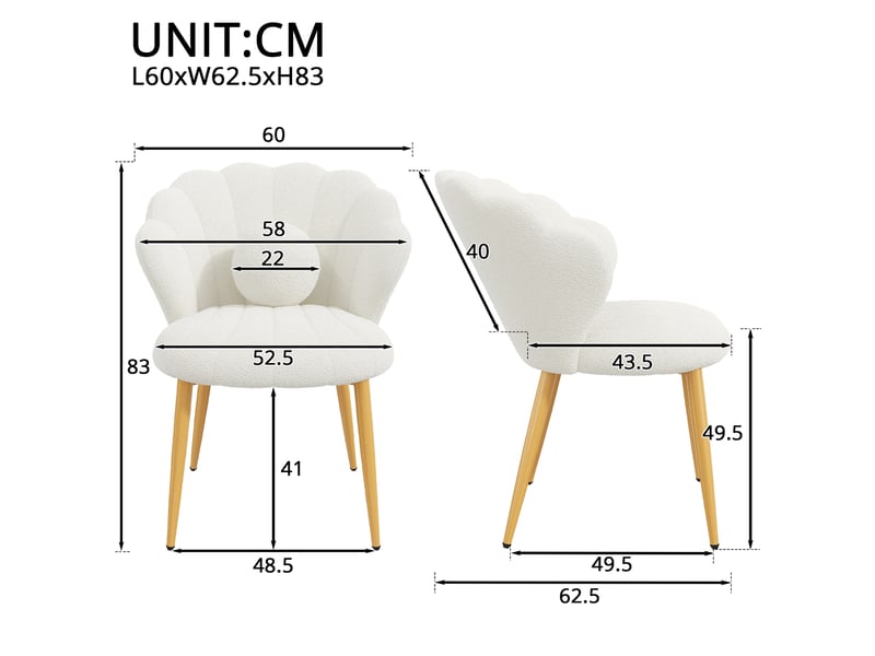 Lot de 6 fauteuils 60x62.5x83 cm tissu bouclé assise rembourrée dossier coquillage pieds en métal moderne blanc OPULERANE TRADING LTD - Conforama D