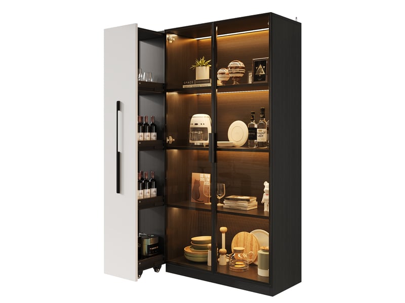  Vitrine moderne avec éclairage led, armoire haute noir et blanc 110.5x35x160 cm, meuble de rangement avec porte en verre  - Conforama A