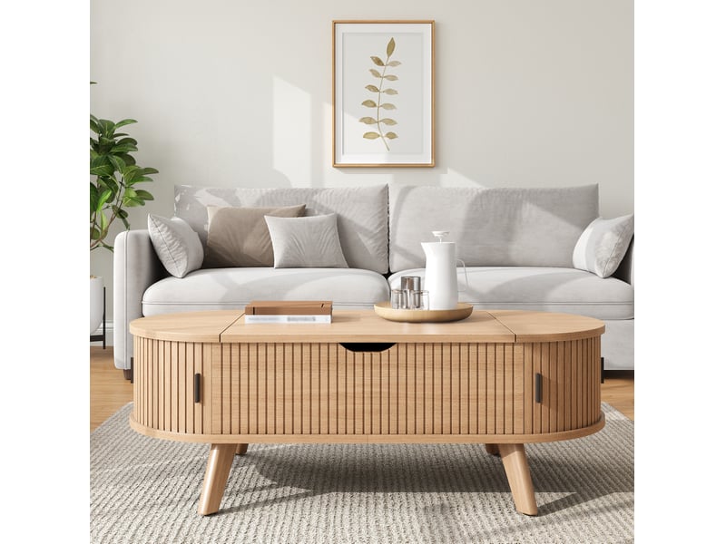 Table basse ovale relevable 110x50x53,5 cm avec 2 portes et rangement, mdf naturel  - Conforama B