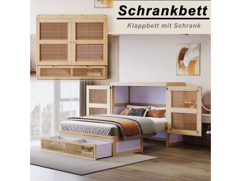  Lit armoire 140 x 200 cm en bois avec lattes, tiroirs et design rotin, bois naturel gain de place  - Conforama E
