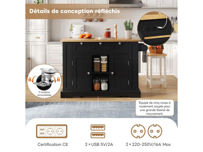  Île de cuisine mobile - 132x70x87 cm - plateau pliable - naturel+noir - mdf - 3 tiroirs - étagères à épices  - Conforama C