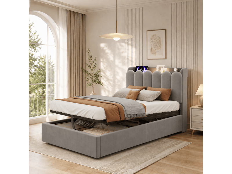  Lit coffre rembourrée 90x200 cm avec usb, type-c et liseuse, rangement hydraulique, velours gris evarich - Conforama B