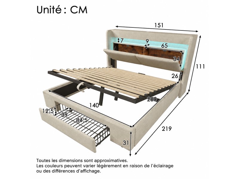  Lit coffre hydraulique 140 x 200 cm, beige en lin, tête de lit led et usb  - Conforama C