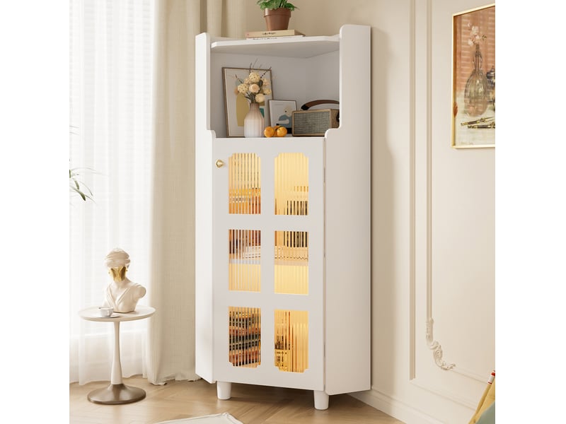  Meuble d'angle led avec 2 portes vitrées et niche ouverte, rangement pour salle de bain ou salon, mdf blanc laqué  - Conforama C