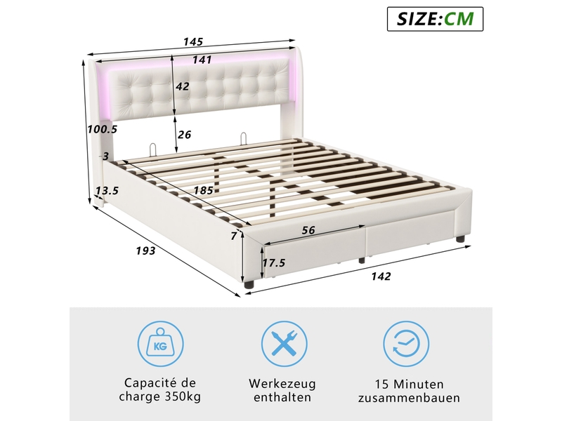  Lit rembourré modenvie 140 x 190 cm avec tiroirs et éclairage 6 couleurs beige bois et tissu  - Conforama C