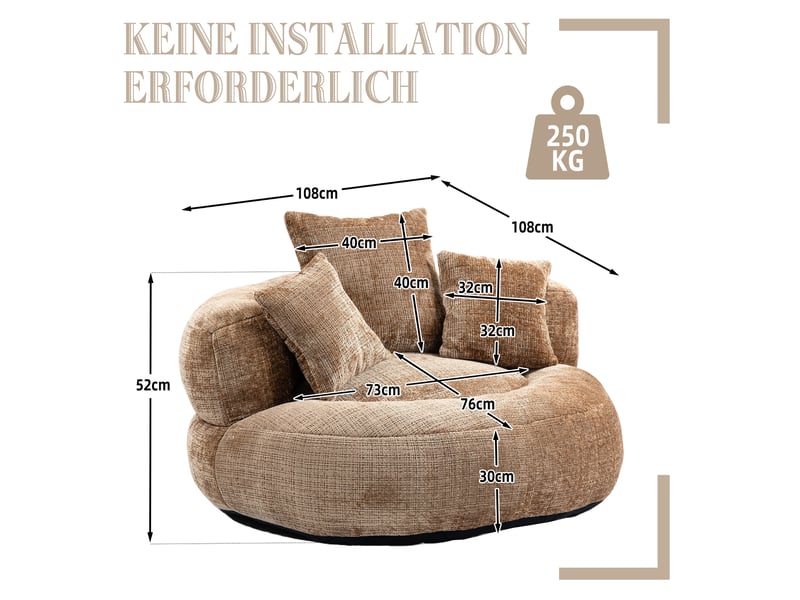  Canapé paresseux avec 3 coussins, teinte café, revêtement chenille, confortable, modèle simple, idéal pour salon et bureau  - Conforama C