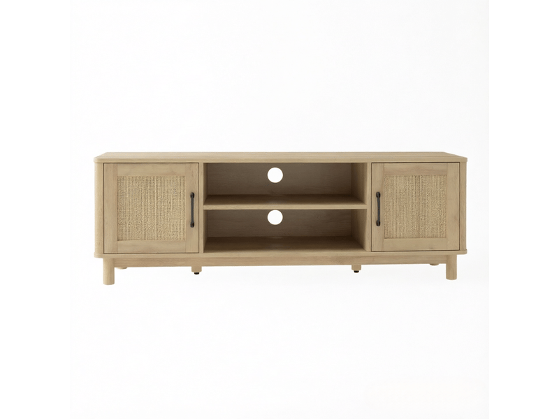 Meuble tv bas 135x39x45cm passe-câbles pour tv 65 | style bohème effet chêne et portes en rotin | 6 pieds pin charge 52kg - chêne clair - Conforama A