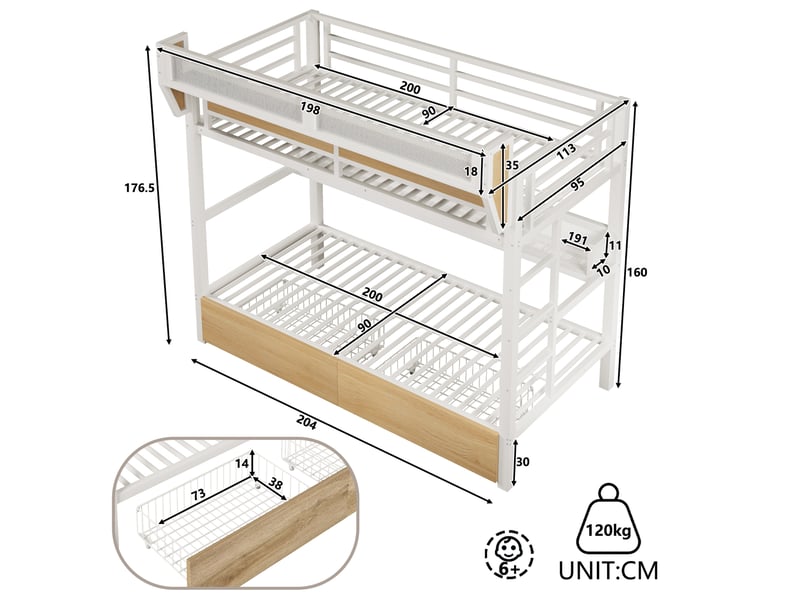  Lit superposé modenvie 90 x 200 cm avec rangement, led et structure métal mdf blanc  - Conforama C