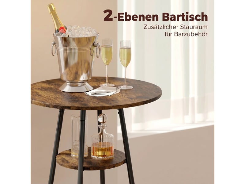  Set de bar industriel 2 tabourets rembourrés repose-pieds cadre métal table de cuisine avec étagère brun rustique  - Conforama E